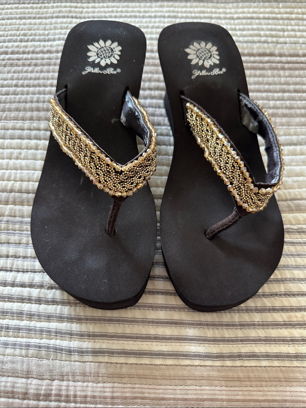 Yellow Box Black Wedge Sandals with Gold Beaded Straps